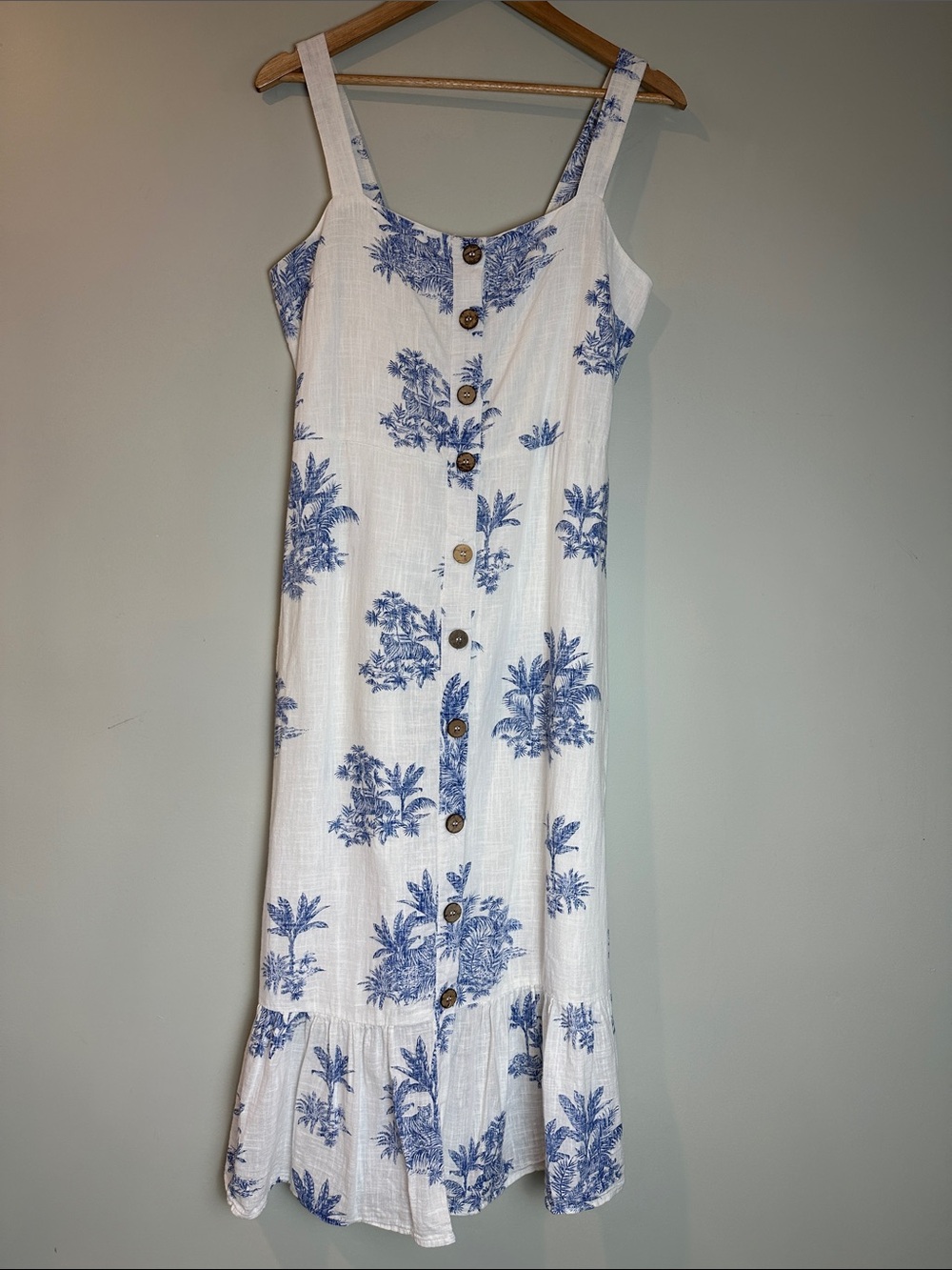 Primark White Midi Dress with Blue Botanical Print and Buttons